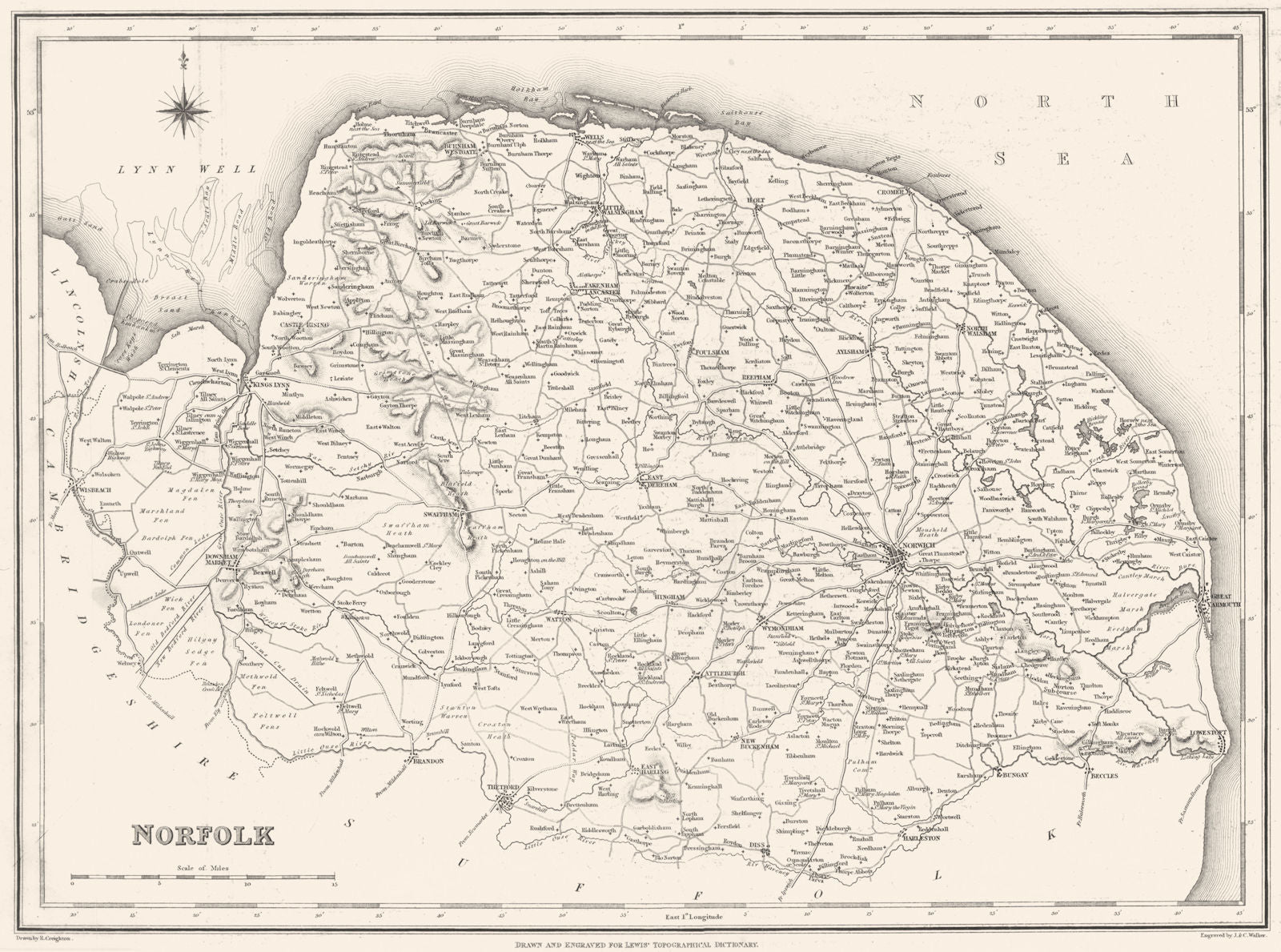 NORFOLK. Norfolk. Lewis 1844 old antique vintage map plan chart